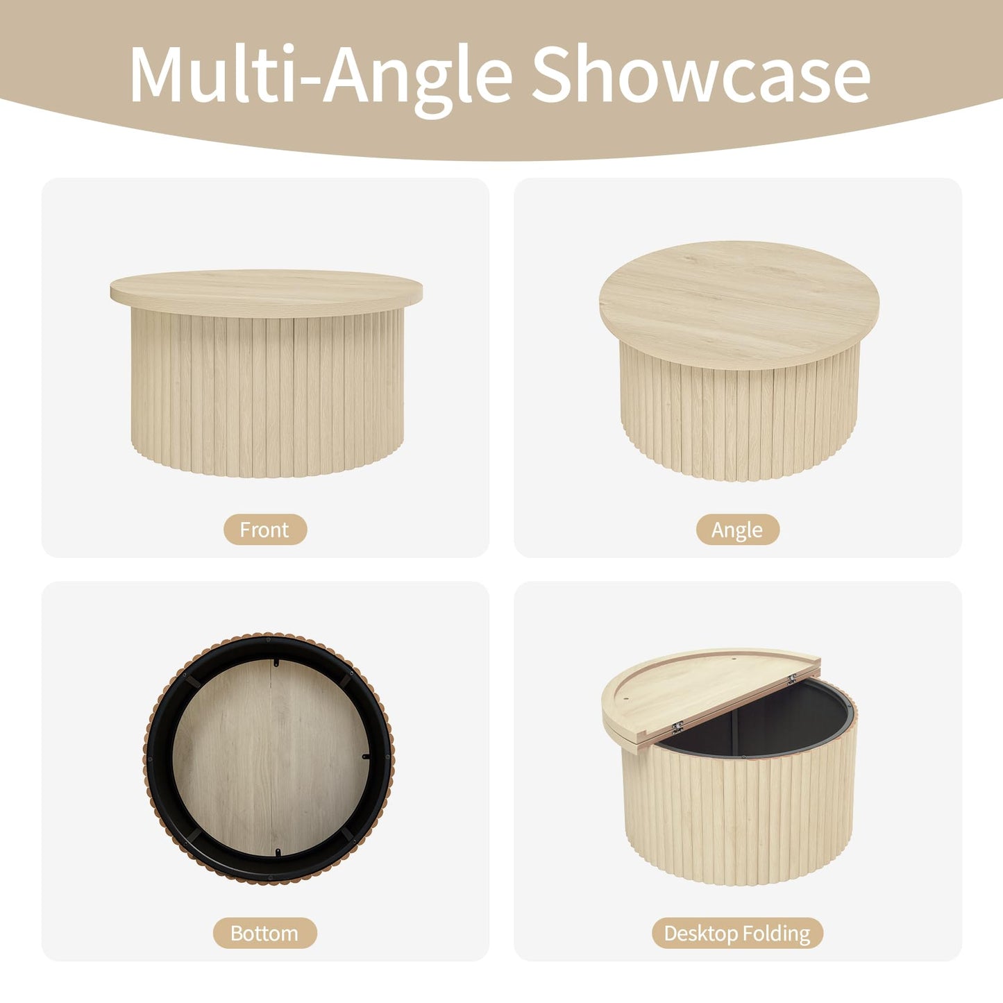 Round Coffee Table with Storage, Wood Modern Fluted Drum Coffee Table with Flip Top, 31.5" Farmhouse Center Table for Living Room, Reception Room, Entertainment Room, Courtyard (1, Oak)