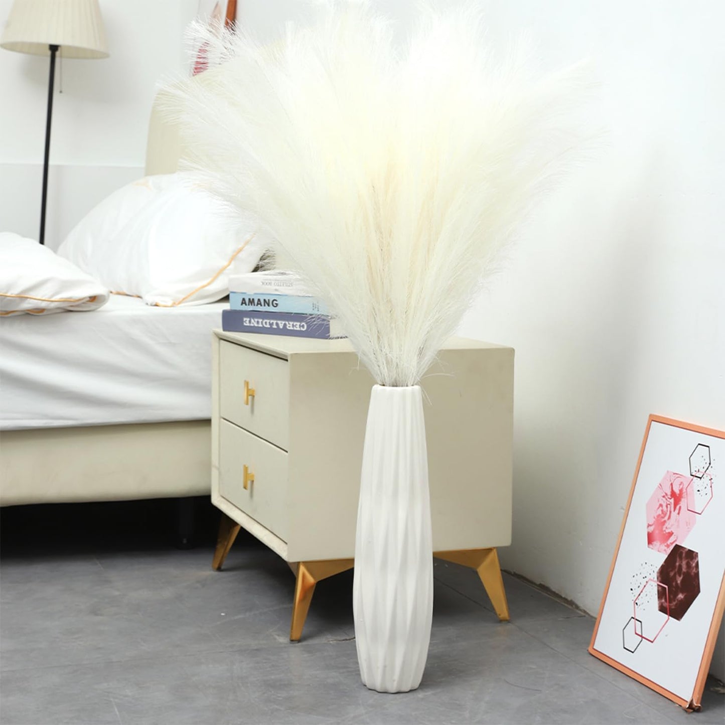 43" White Pampas Grass Fluffy - 8 PCS Tall Faux Pampas Grass Decor Artificial Pompas Grass for Floor Vase Filler Wedding Boho Home Baby Shower Mothers Day Decoration