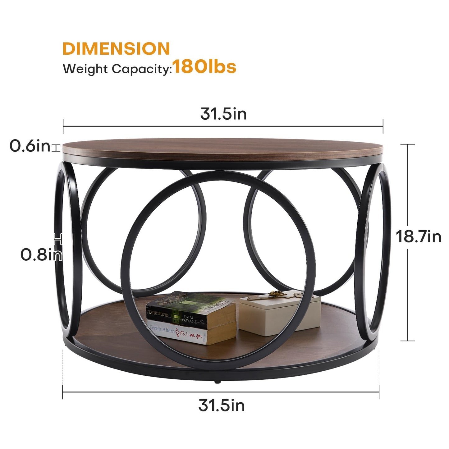 BECHAEO 31.5" 2 Tier Industrial Round Coffee Table, Modern Round Wood Coffee Table with Sturdy Circle Metal Frame for Living Room Home Furniture, Classic Walnut