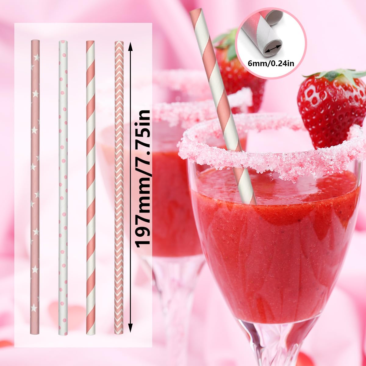 FsLvniu 200 Biodegradable Pink Paper Straws, Party Straws for Juice, Cocktail, Smoothies, Wedding, Birthday, Bridal/Baby Shower and Christmas Decorations Valentine's Day Holiday Celebrations