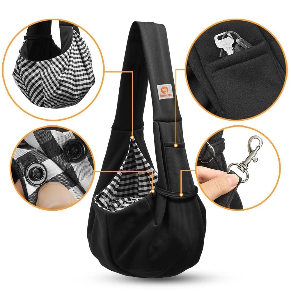 Tomkas Small Dog Sling Carrier - Classic Pocket & Classic Strap - for 3-10 lbs Pets(Black)