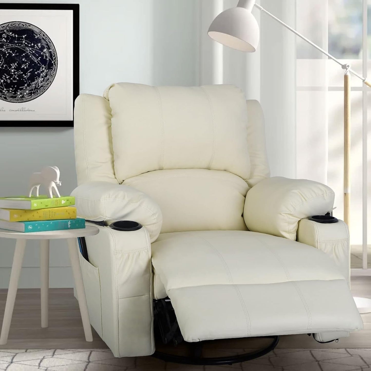 KCREAM White Recliner Rocker Chairs with Heat,Massage Chair Recliner Oversized Leather Swivel Recliners for Living Room, Manual Reclining Lounge Chairs Overstuffed Single Sofa Chair for Adults