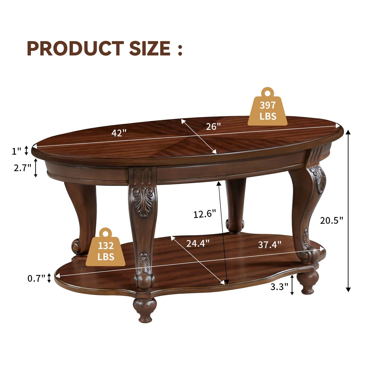 LKTART Oval Wood Coffee Tables for Living Room, Vintage Round Coffee Table with Carved Wood Legs, Tradition Elegant Coffee Table (Cherry, 42 Inch)