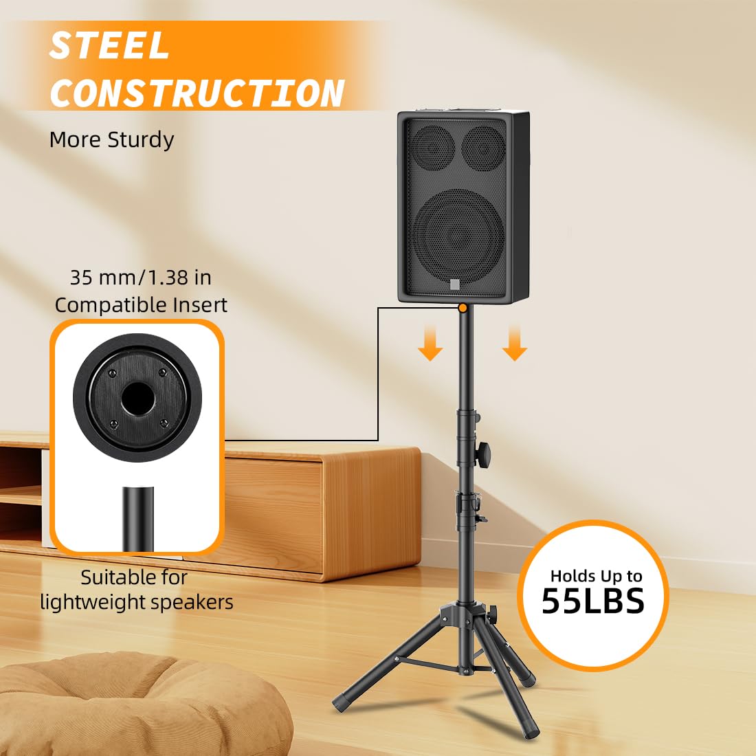 Small Speaker Stands 2 Pack, 24-50 Inch Height Adjustable Speaker Tripod Stand Pair, Lightweight 35mm Compatible Insert, Support 55 LB with 2 Storage Bags