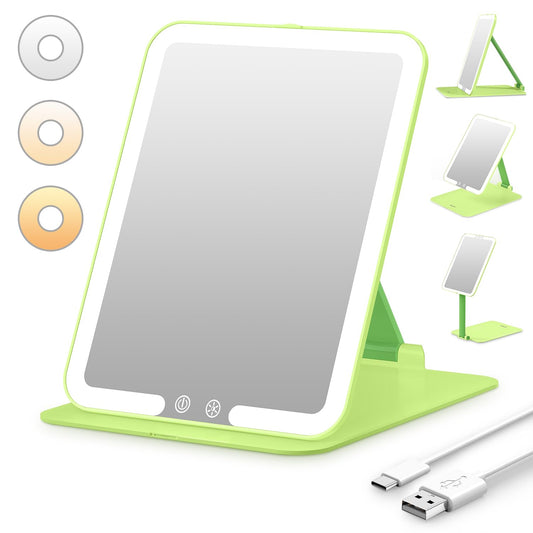 Rechargeable Travel Makeup Mirror, Portable Travel Lighted Makeup Mirror with 3 Color Modes Dimmable, Compact Silm Tabletop LED Vanity Mirror with Touch Screen for Daily Business, White