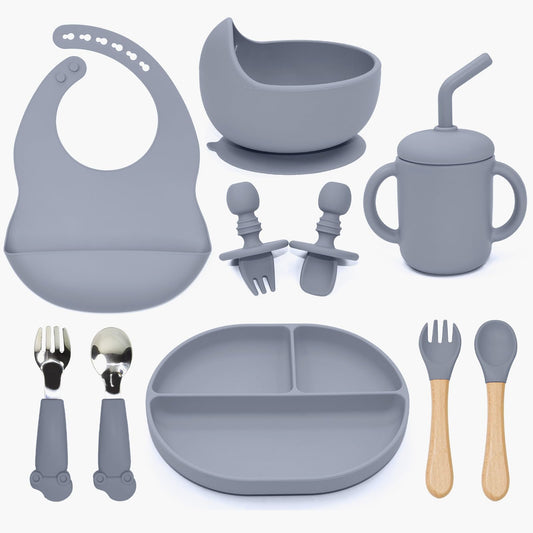 SILI FACTORY Silicone Baby Feeding Set - 10PCS Suction Baby Bowl and Divided Toddler Plates Adjustable Bib Cup Spoons Forks -Baby Led Weaning Supplies, Baby Utensils Eating Essential Set for 6+ Months