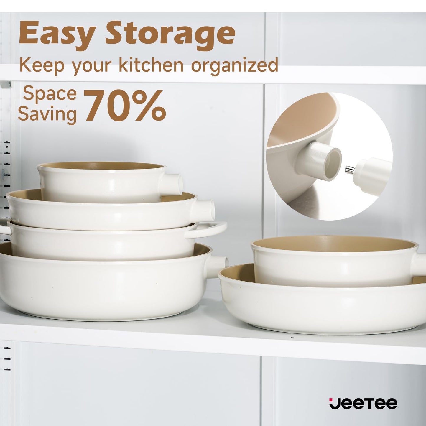 JEETEE Ceramic Cookware Sets 17pcs, Pots and Pans Set Non Stick, Healthy Induction Kitchen Cooking Set with Removable Handles, Stackable Pots Pans, Oven Safe, PFOA/PFOS Free, Beige