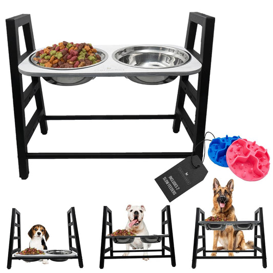 Elevated and Raised Dog Bowl Stand with 2 Stainless Steel Bowls Included- 3 Height Adjustable Dog Food Stand - Multi Slow Feeder Bowls Included