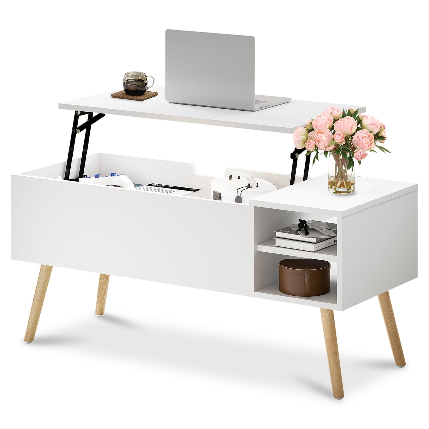 ALINE FURNITURE White Coffee Table Lift Top - Wood Coffee Table with Hidden Compartment Storage - 40" Pull Up Coffee Tables for Living Room