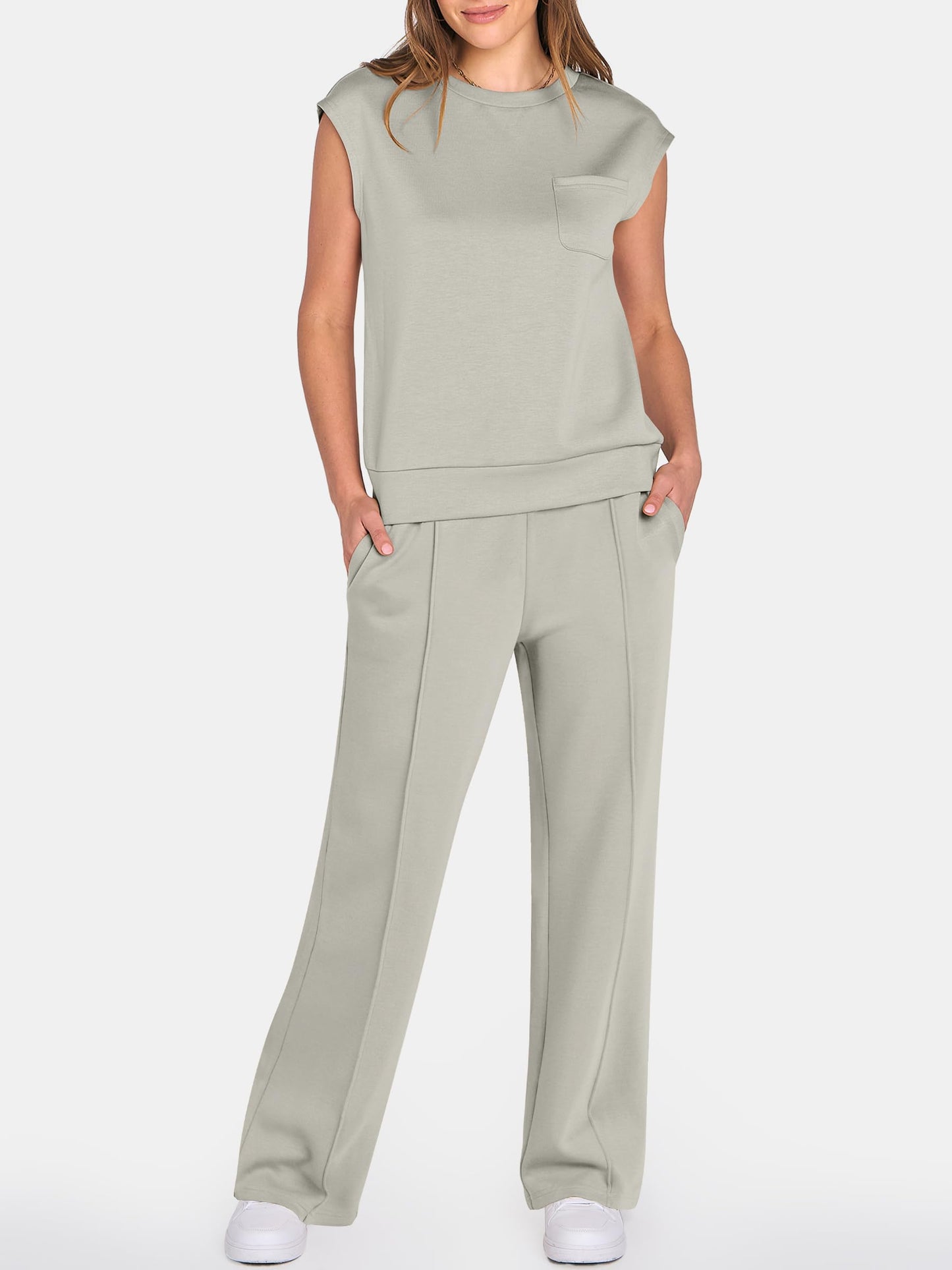 ANRABESS Two Piece Sets for Women Summer Sleeveless Sweatsuits Wide Leg Casual Lounge Set Matching Vacation Travel Outfits Large