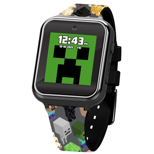 Minecraft Kids LED Smartwatch Interactive Gaming-Themed Watch 10 Changeable Faces, Step Counter, Calculator, Games, Selfie Cam, Alarm & Timer, Printed Silicone Straps – Fits Wrists 5.5"-8.0"