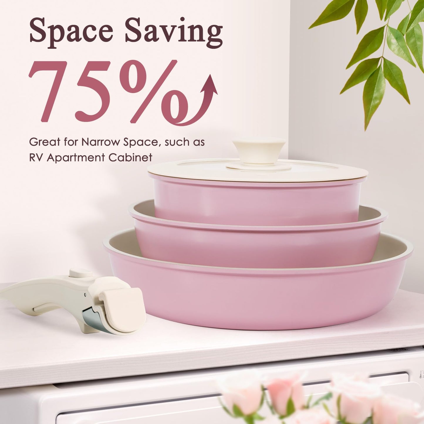 KIKCOIN 5 Pack Ceramic Pots and Pans Set Non Stick, Kitchen Cookware Set Detachable Handle, Non Toxic Cooking Set with Removable Handles, Induction Dishwasher/Oven Safe, Ollas de Cocina, Pink