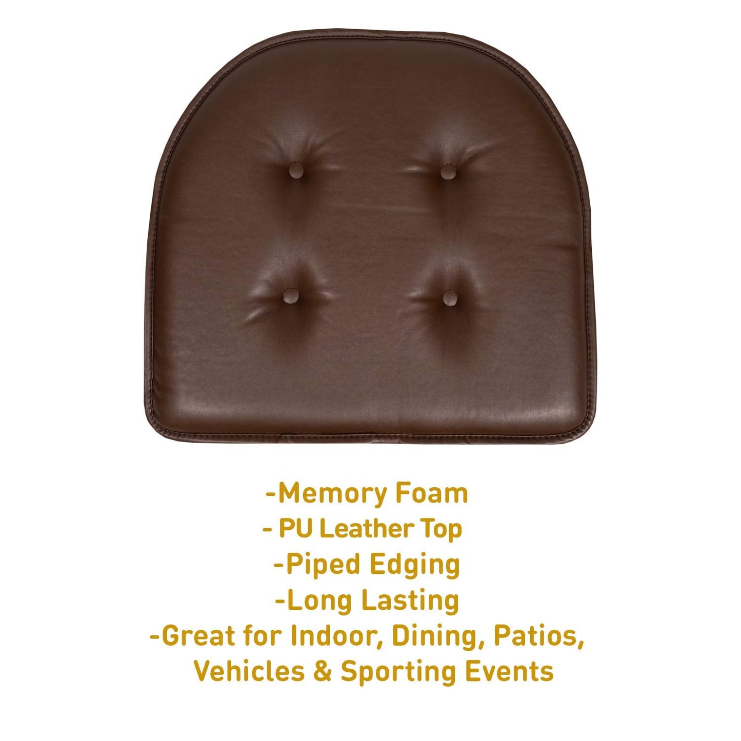 Sweet Home Collection Chair Cushion Memory Foam Pads Tufted Slip Non Skid Rubber Back U-Shaped Seat Cover, 4 Pack, Faux Leather Chocolate Brown 4 Count