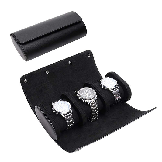 ROSELLE Watch Roll Travel Case for Men and Women- 3 Watch Storage and Organizer-Secure Storage with Innovative Removable Pillows & Solid Dividers for Home Storage, Travel and Display(Black Cross)