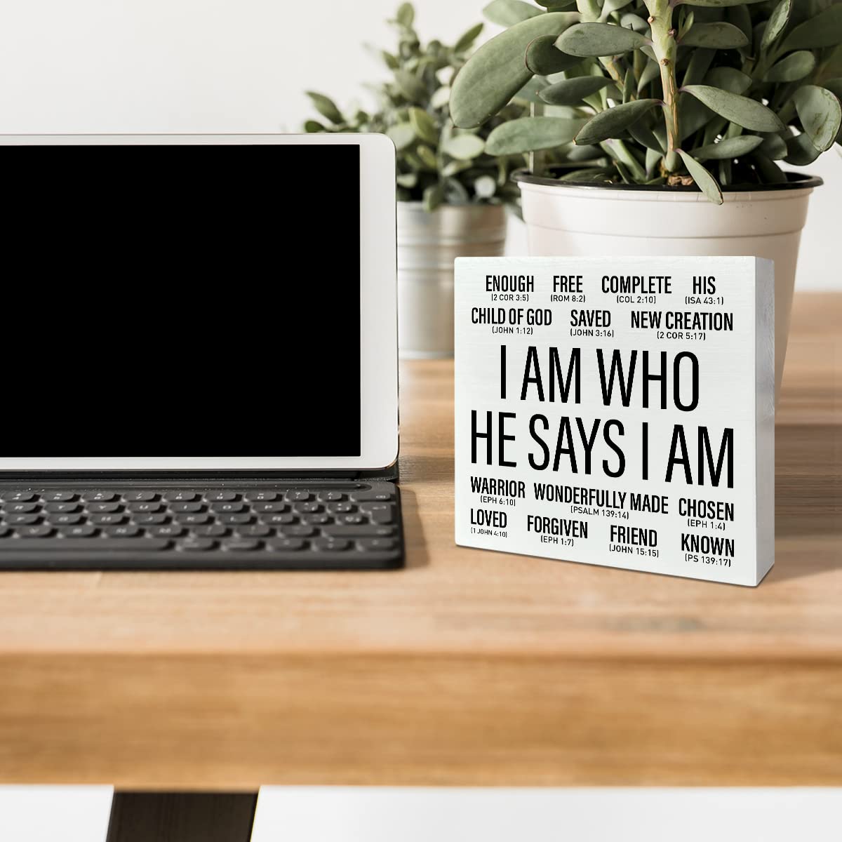 Christian Desk Wooden Box Sign Decor, I Am Who He Says I am, Home Office Religious Motivational Decor Scripture Bible Verse Desk Decoration Inspirational Christian Baptism Gifts for Women Men