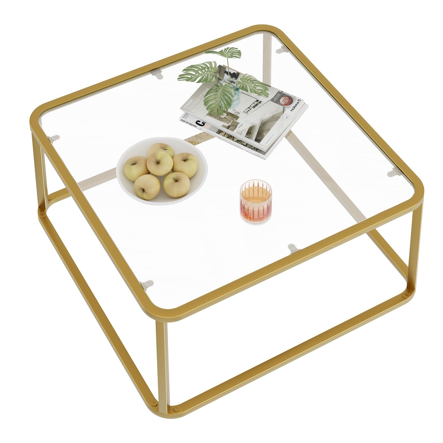 Coffee Table Glass, Minimalist Square Tables for Living Room, Modern Center Table for Office or Small Space, Tempered Glass, Sturdy Metal Frame, Easy Assembly, 26.4 x 26.4 x 15.7 Inches, Gold