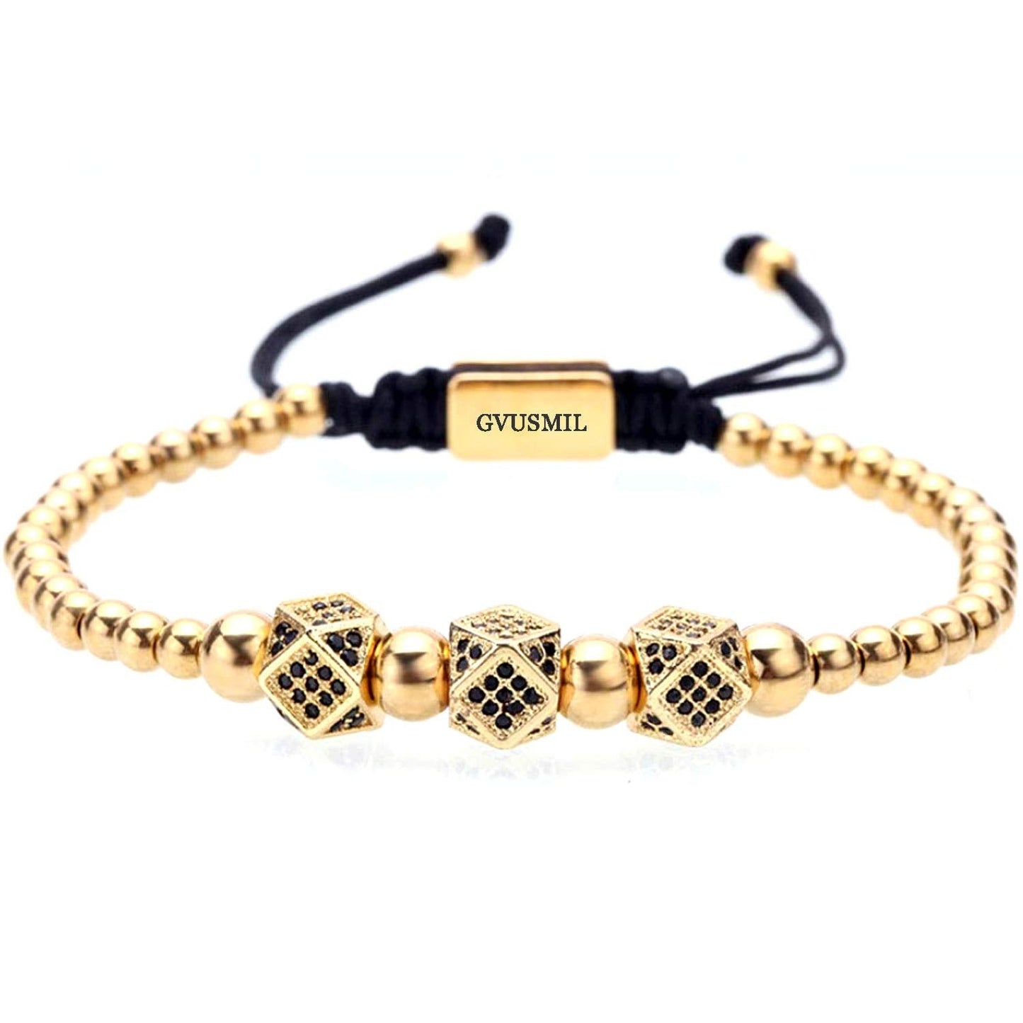 GVUSMIL Luxury CZ Imperial Gold Crown Bracelets Set King Royal Style with 8mm Zirconia Beads Braided Pulseira Bangle Charm Jewelry for Men