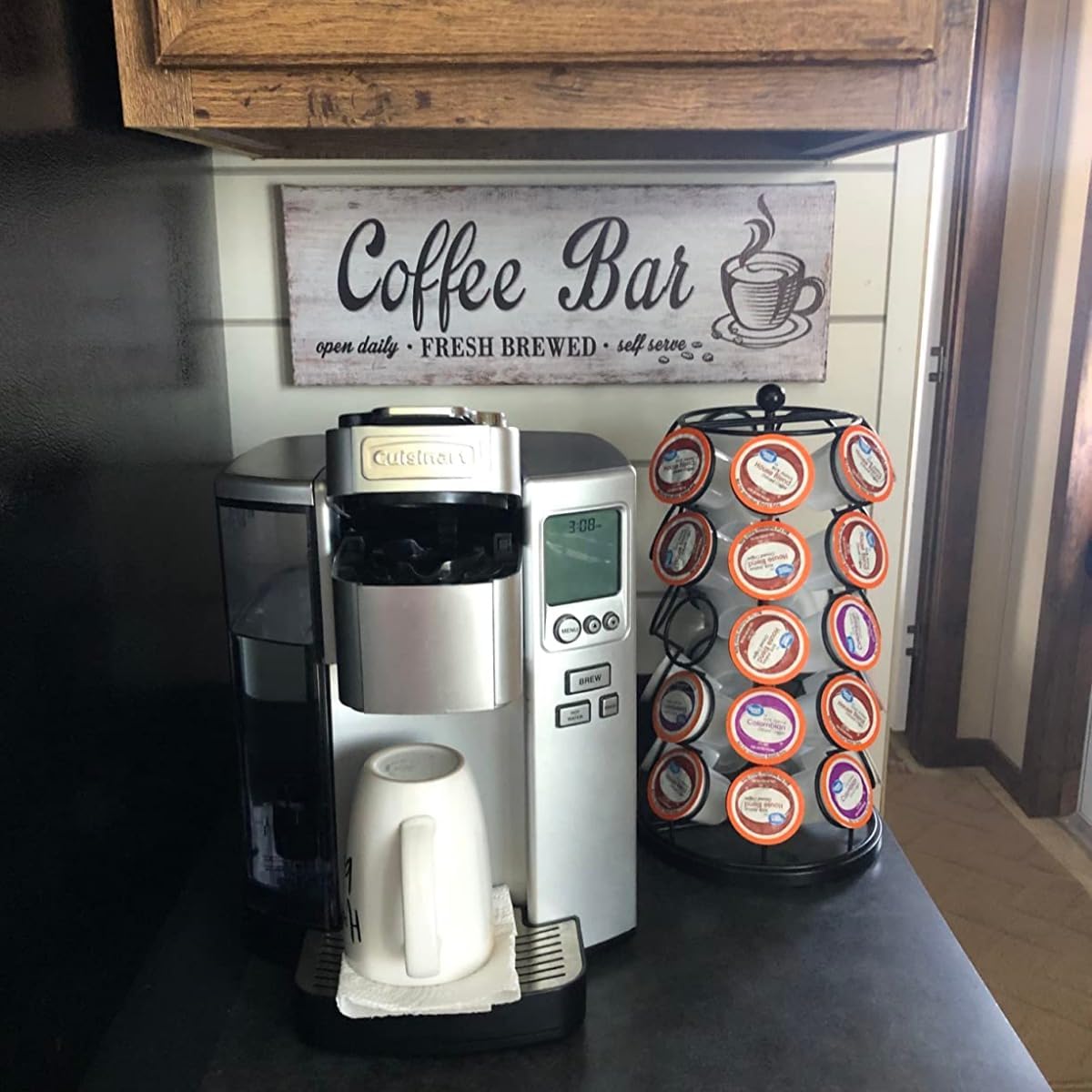 Rustic Wood Grain Coffee Station Decor - Retro Coffee Bar Signs for Kitchen - Self Serve Fresh Brewed Open Daily