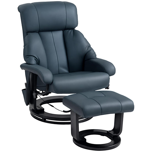 HOMCOM Massage Recliner Chair with Ottoman, 360° Swivel Recliner and Footstool, 10 Point Vibration, PU Leather Reclining Chair with Side Pocket and Remote Control, Blue