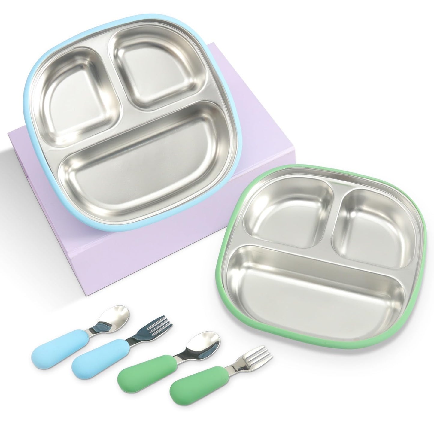 LYA Stainless Steel Suction Plates for Baby - Food Grade Stainless Steel Baby Feeding Set with Removable Silicone Wrap - 2x Children’s Non-Toxic Plates with 2x Baby Spoons and 2x Forks - Blue/Mint