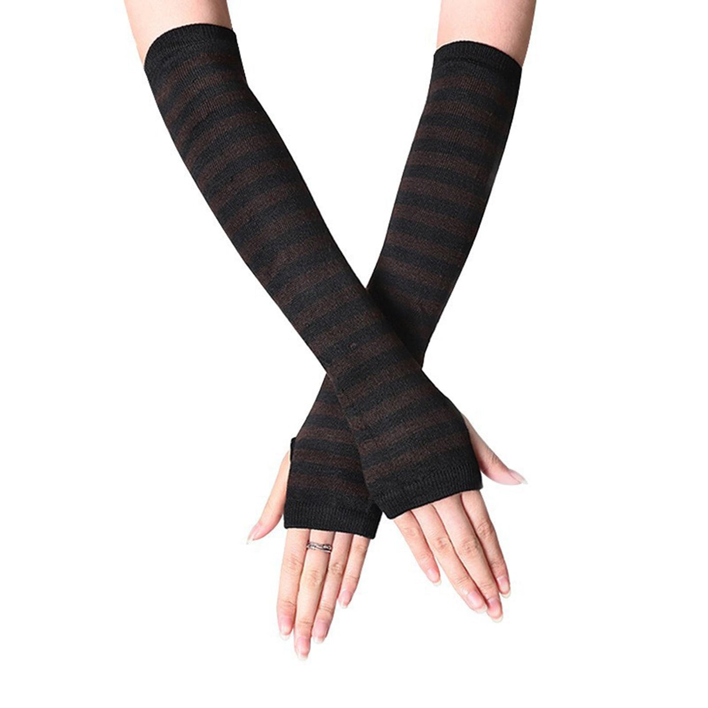 UTTPLL Womens Punk Gothic Long Arm Warmers Striped Fingerless Gloves Winter Knitted Stretchy Mittens Thumb Hole Wrist Warmer