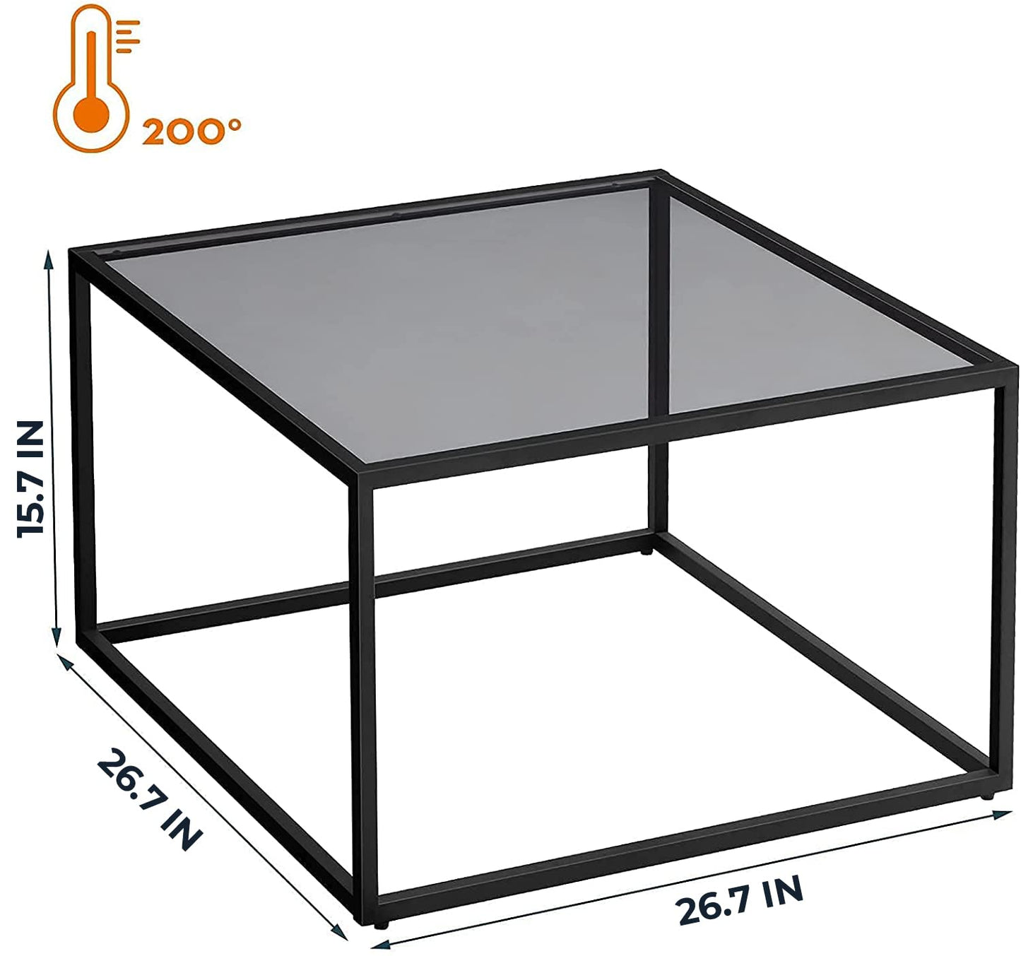 SAYGOER Glass Coffee Table, Small Modern Coffee Table Square Simple Center Tables for Living Room 26.7 x 26.7 x 17.7 Inches, Gray Black