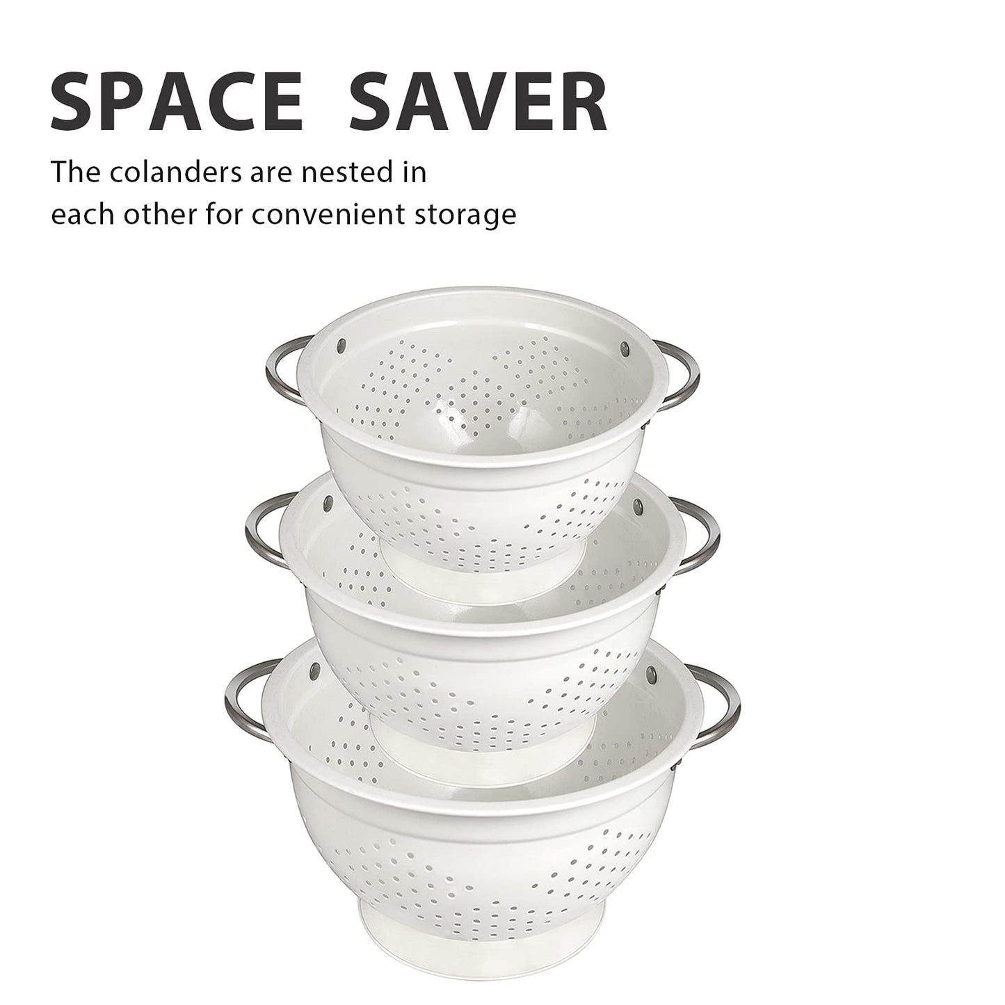 Hillbond Colander Set of 3, 1.5, 3, 5 QT Powder Coated Metal Strainers with Riveted Stainless Steel Handles and Stable Base, Food Strainers and Colanders for Kitchen, White