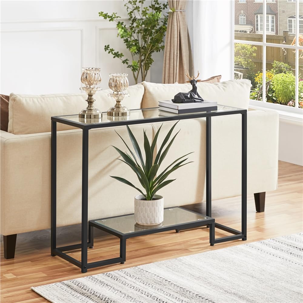 Yaheetech 42 Inch Console Table, Tempered Glass Entryway Table, 2-Tier Sofa Tables with Storage Shelves, Entrance Tables for Hallway Living Room, Black