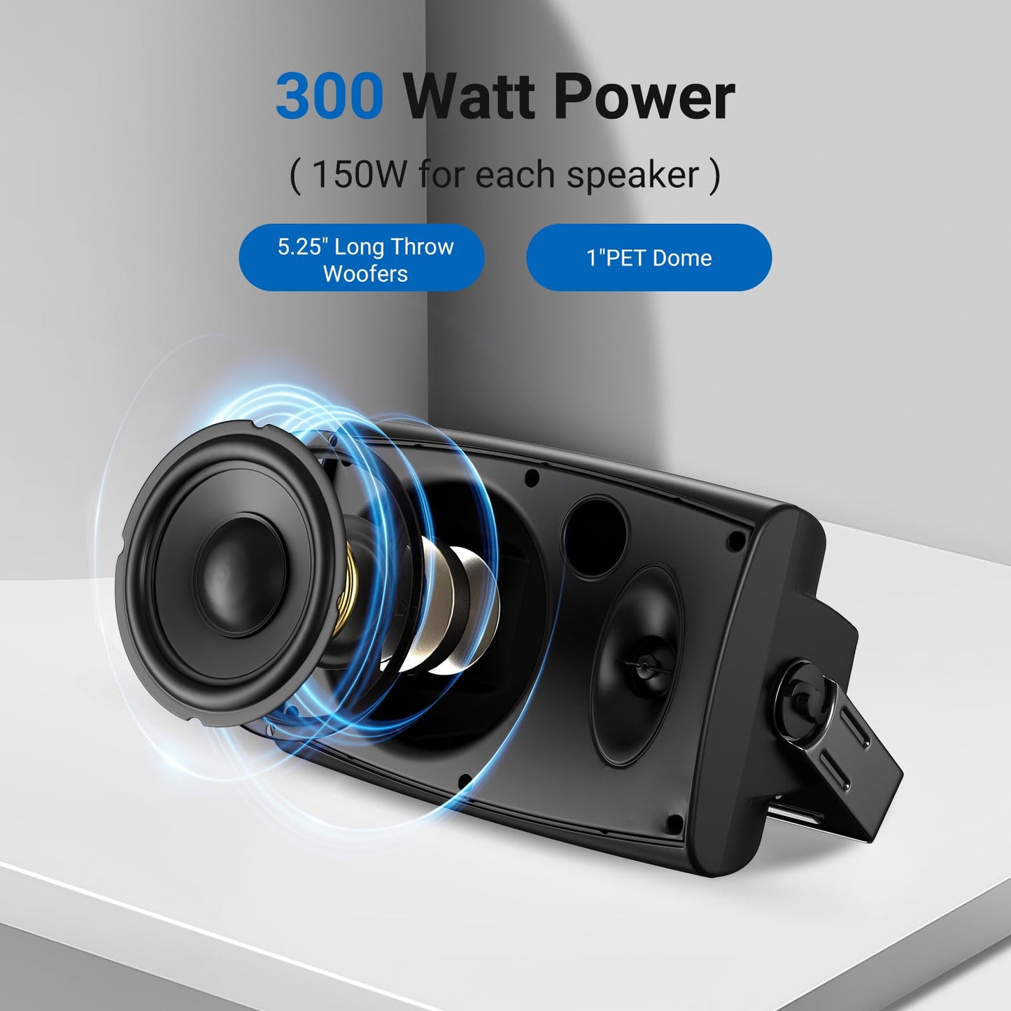 Herdio 5.25 Inches 300 Watts Outdoor Bluetooth Speakers, Bluetooth 5.3,TWS Stereo Paring,Wall Mount Speaker System Waterproof Suitable for Patio Home Poolside Deck Backyard (Pair, Black)