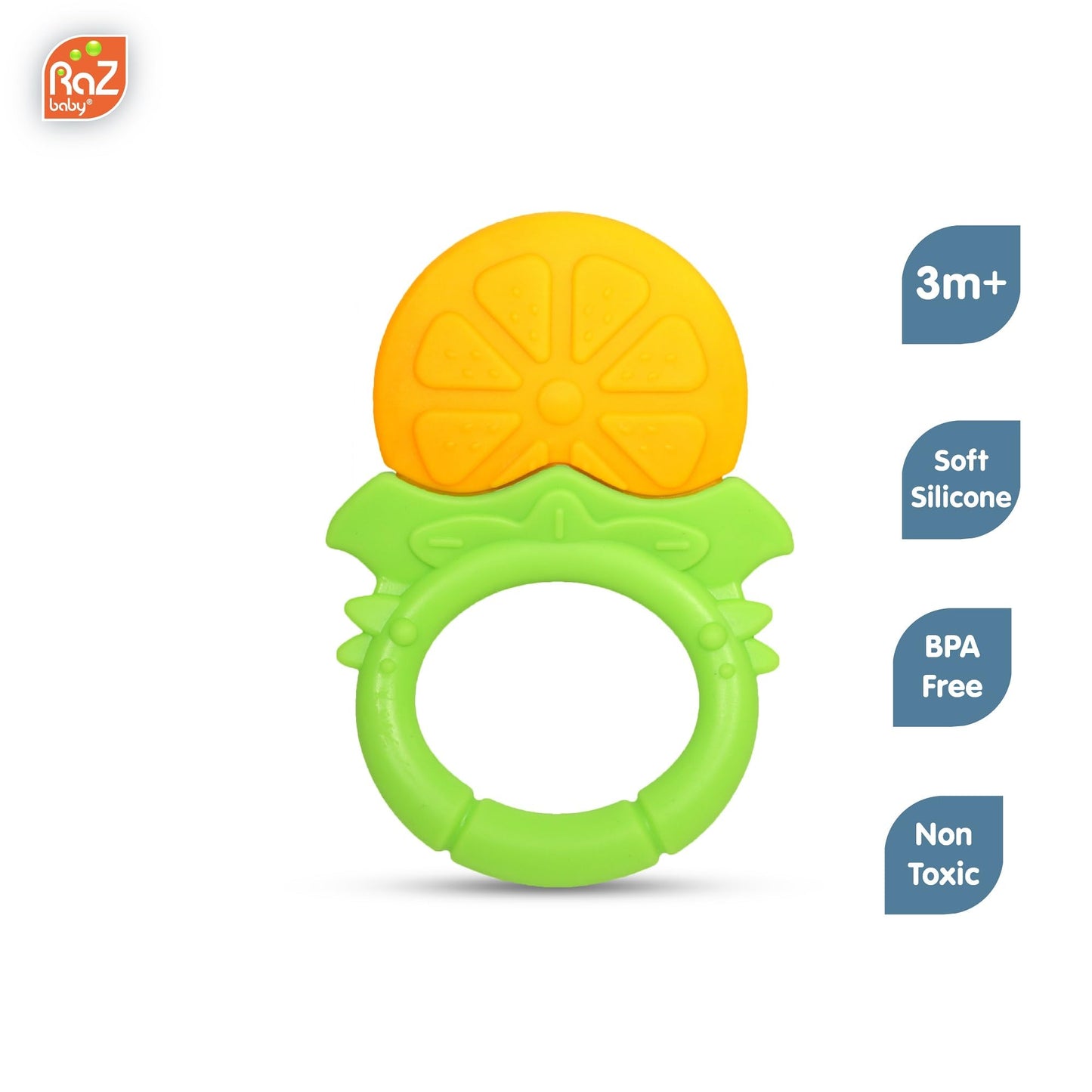 RaZbaby Fruitique Infant & Baby Massager & Teether Toy 3-Pack, Fruit-Shaped Multi-Texture Teethers Soothe Sore Gums, Non-Toxic BPA-Free Food-Grade Silicone, Hands-Free & Easy to Hold, 3M+