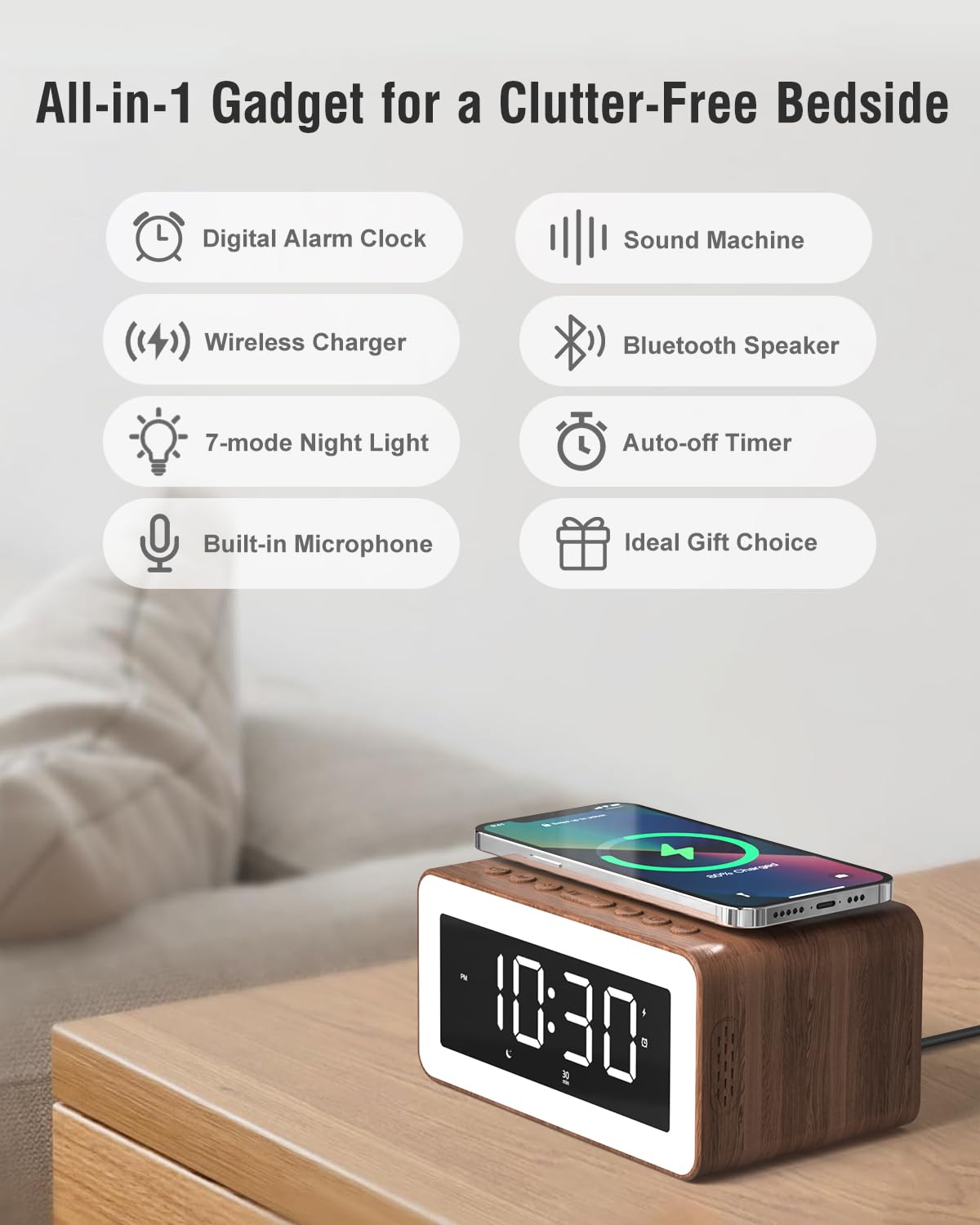 Alarm Clock with Wireless Charging, White/Brown Noise Sound Machine, Bluetooth Speaker Night Light, Wooden Digital Alarm Clocks for Bedrooms,Wireless Charger for iPhone, Birthday Gifts for Men Women