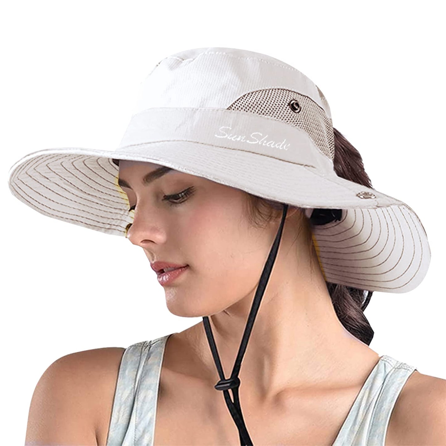 ZOORON Women's Ponytail Safari Sun Hat,Wide Brim UV Protection Outdoor Bucket Hat,Foldable Beach Summer Fishing Hat