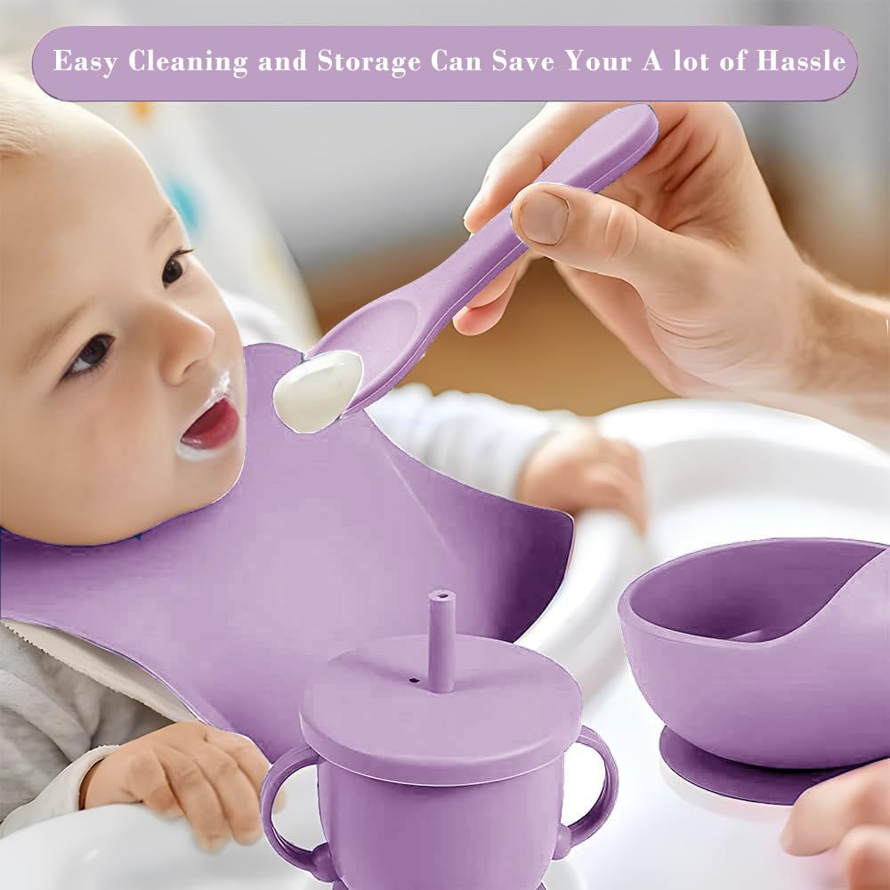 Silicone Baby Feeding Set,Miicasa Baby Led Weaning Supplies Kit With Suction Bowl & Car Plate, Bib, Spoon, Fork, Cup - Food-Grade Silicone, Dishwasher-Safe, No BPAs - For 3+ Months