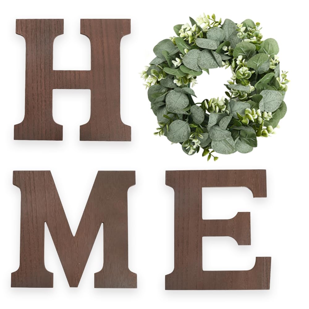 Wood Home Sign with Artificial Eucalyptus Wreath for O, Hanging Farmhouse Wall House Decor Wood Letters for Wall Art Rustic Home Decor, Wall Decor for Living Room Kitchen Entryway (Black)