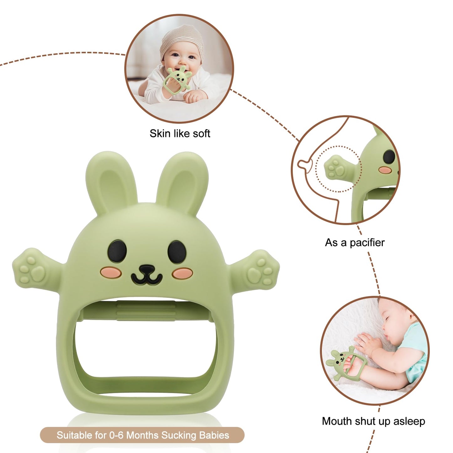2 Pack Baby Teething Toy for 3-6 6-12 Months, Silicone Bunny Teething Mitten, Anti Drop Wrist Hand Baby Teethers 0 3 6 9 12 Months for Babies Sucking Needs (Light Pink & Green)