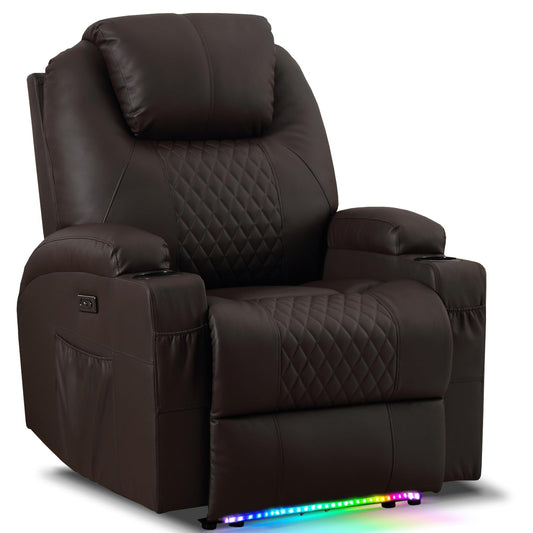 AHMED Power Recliner Chair with Vibration Massage & Heat for Adults, Faux Leather Home Theater Seating with Cup Holders/LED Lights/USB Ports/Side Pockets for Living Room (Brown, Single)