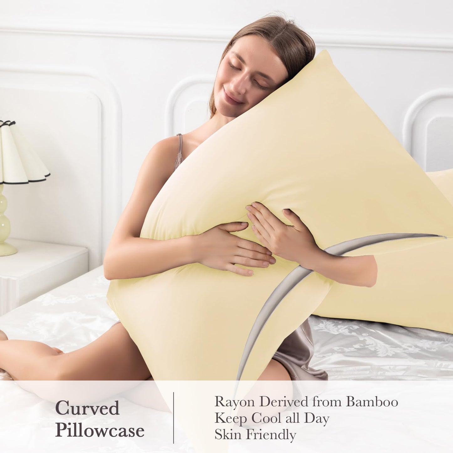 Curved Pillow Case Queen Size, Side Sleeper Pillow Cases Cover Cooling Rayon Derived from Bamboo with Zipper for hot Sleepers Hair and Skin, Breathable Silky Soft Pillowcase 1 Pack 20 * 30 Inches