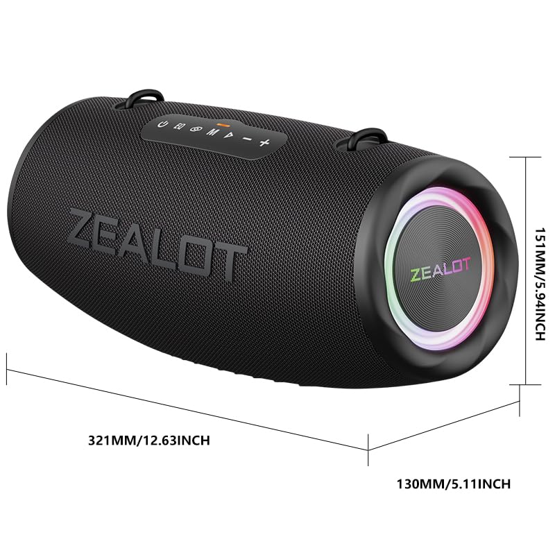 ZEALOT 80W Portable Bluetooth Speaker, Stereo Sound with Deep Bass,IPX6 Waterproof, LED Light,Bluetooth 5.2, Indoor/Outdoor Speaker for Party, Gathering, Pool, Camping,Travel (Black)