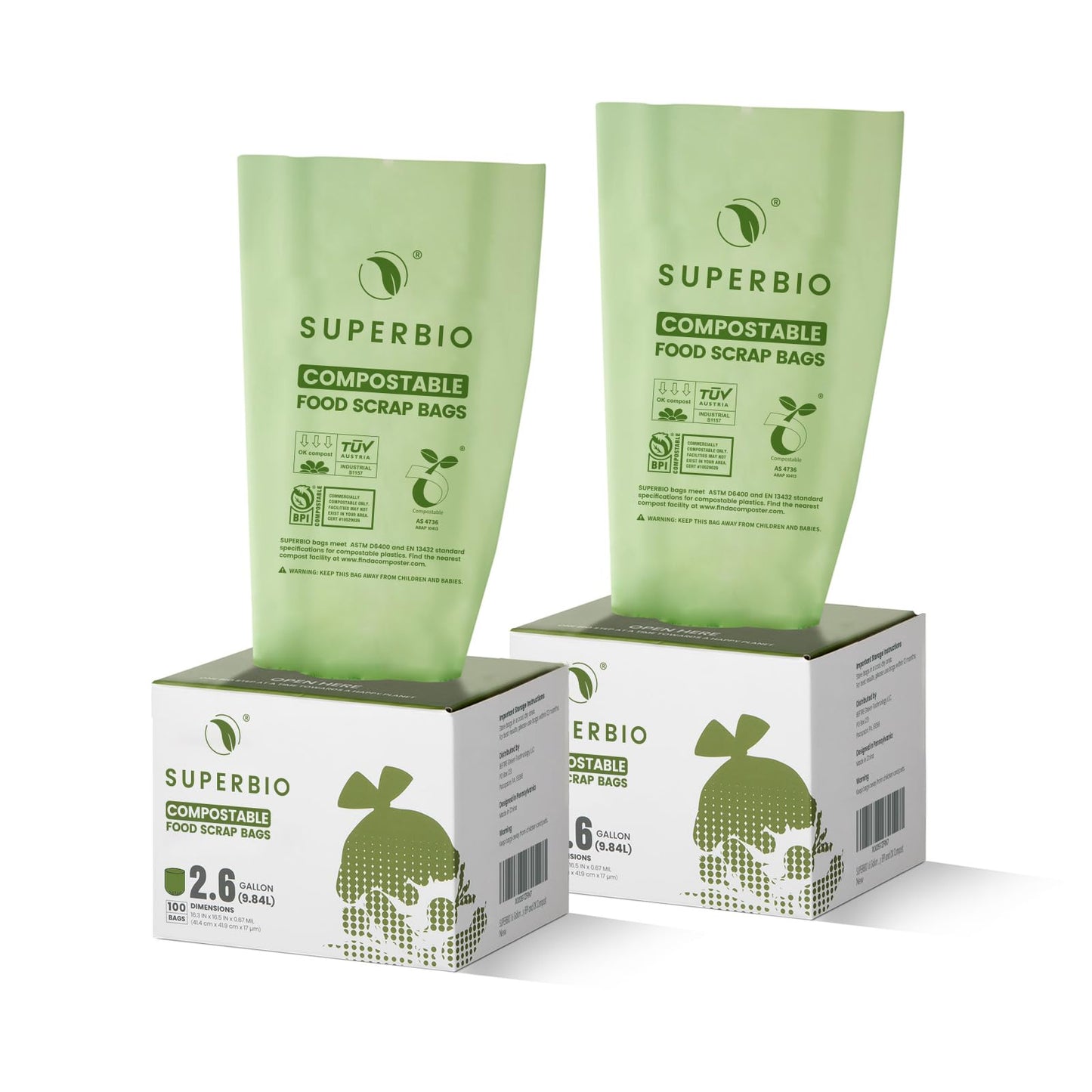SUPERBIO 2.6 Gallon Compostable Bags with Handles, 100 Count,1 Pack, Food Scrap Bags Certified by BPI and OK compost INDUSTRIAL, 9.84L