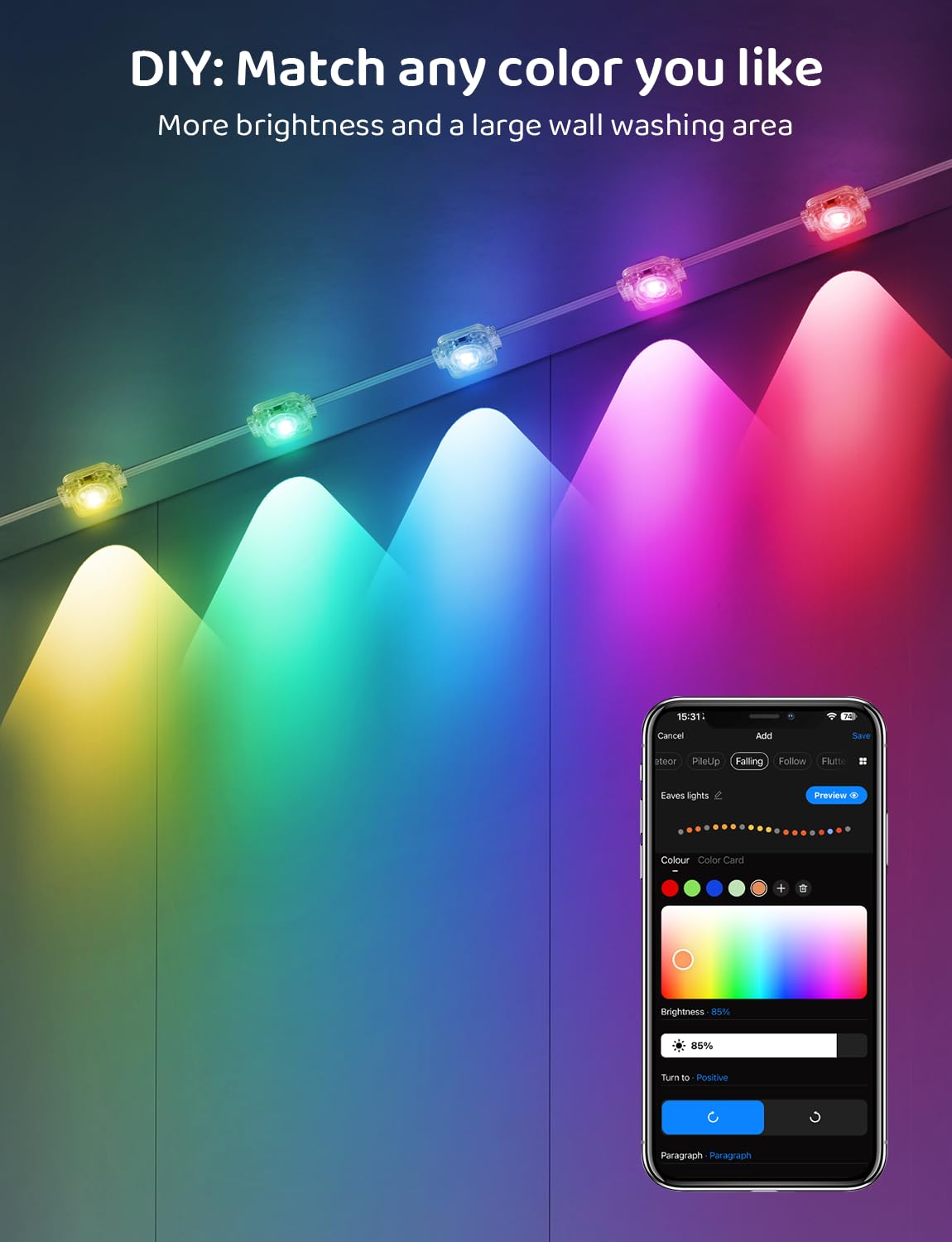 100FT IP68 WiFi DIY Design Themable for Football Permanent Outdoor Light,Arbitrary Trimming Smart RGB+IC Waterproof LED Eaves Lights for Christmas Decorations,Compatible with Alexa,Google Assistant