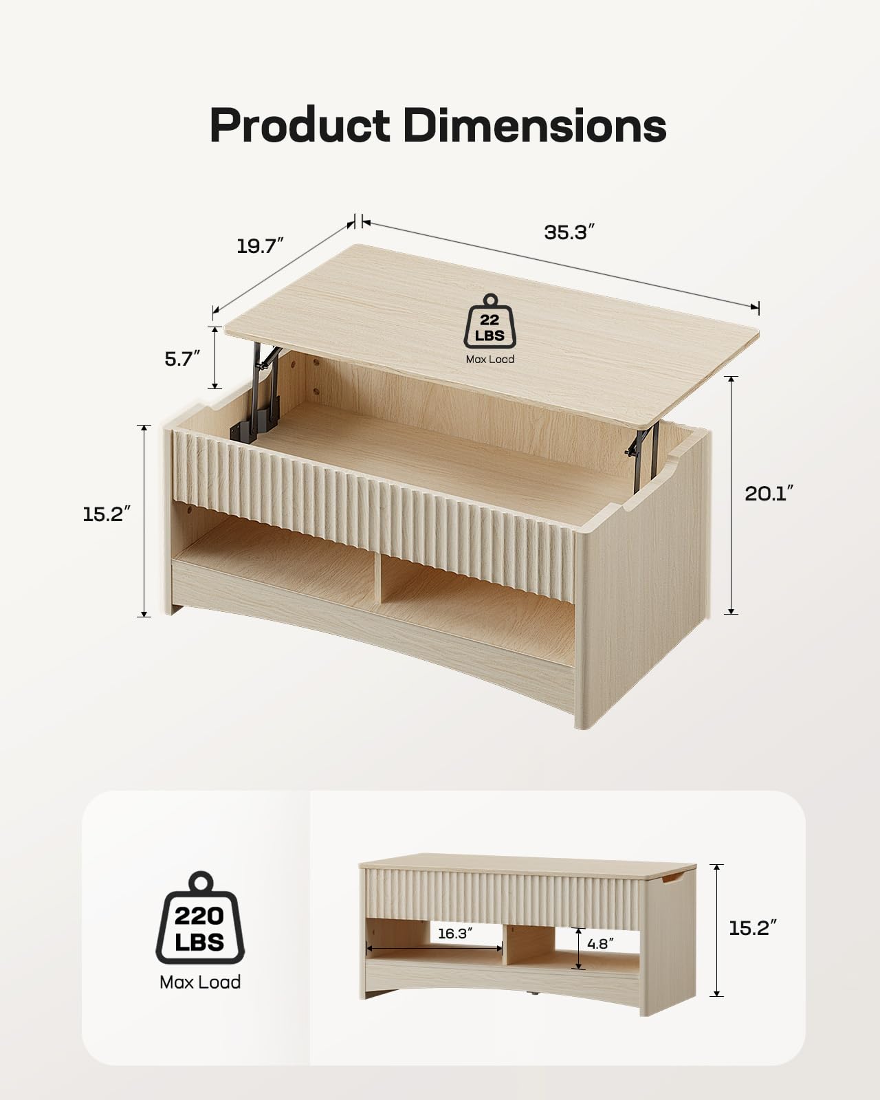 Marsail Lift Top Coffee Table with Open & Hidden Storage, Modern Fluted Coffee Table with Smooth Lift Mechanism, Sturdy Space-Saving Center Table for Home Living Room, Office, Natural Oak