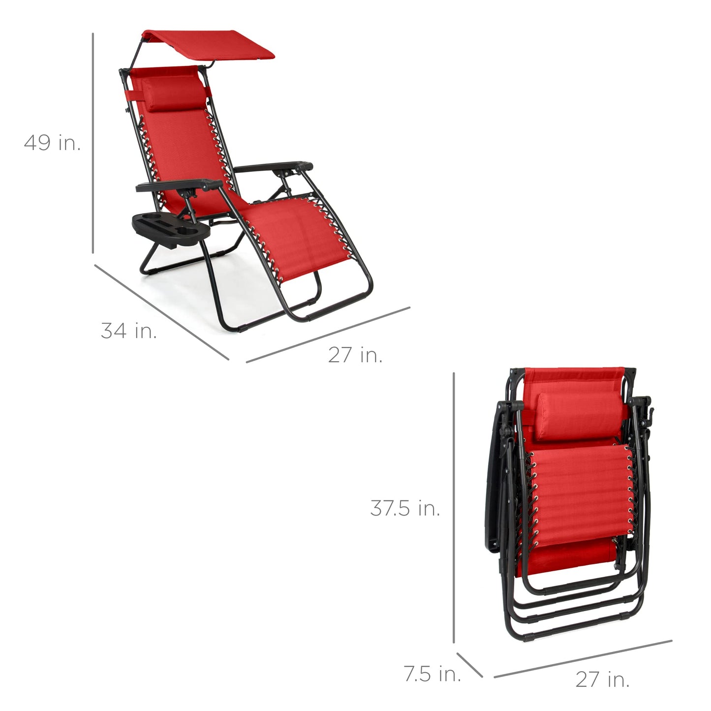 Best Choice Products Folding Zero Gravity Outdoor Recliner Patio Lounge Chair w/Adjustable Canopy Shade, Headrest, Side Accessory Tray, Textilene Mesh - Crimson Red