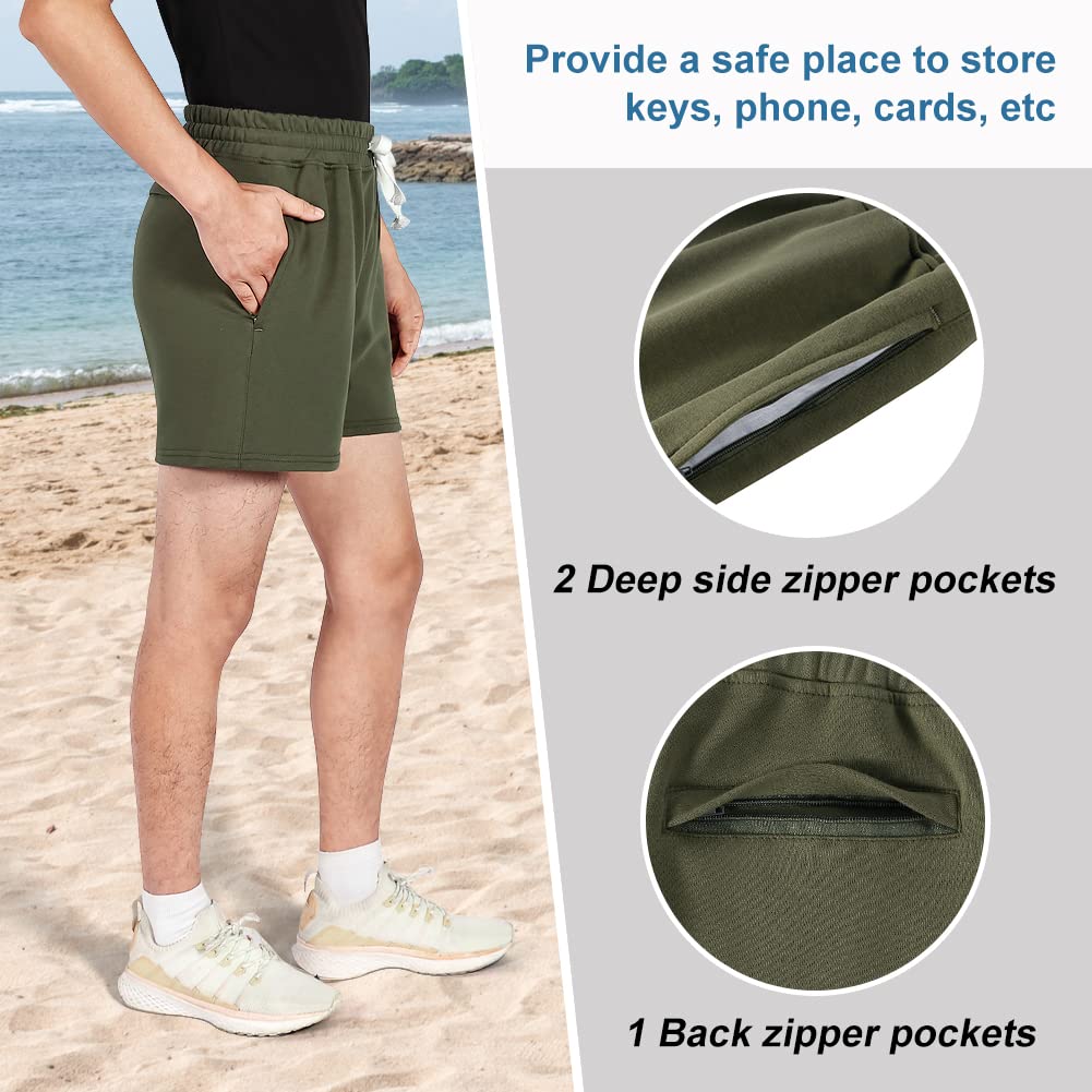 NIMENJOJA Mens 5.5" Athletic Gym Sweat Shorts Cotton Jogger Workout Lounge Jersey Zipper Pocket Shorts Olive