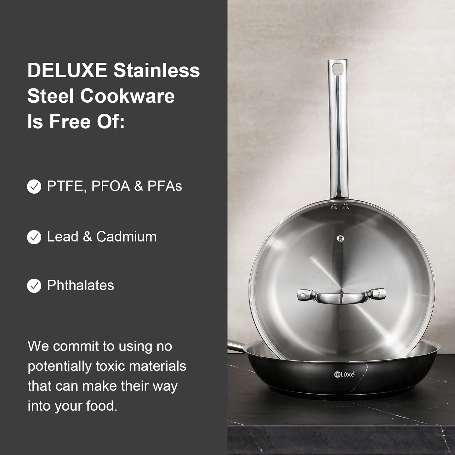 DELUXE Stainless Steel Frying Pan Set 4-Pieces, 10" and12 Skillet with Lid and Stay-Cool Handle, PFOA Free Stainless Steel Pan Suitable with Induction Gas Stoves, Dishwasher&Oven Safe