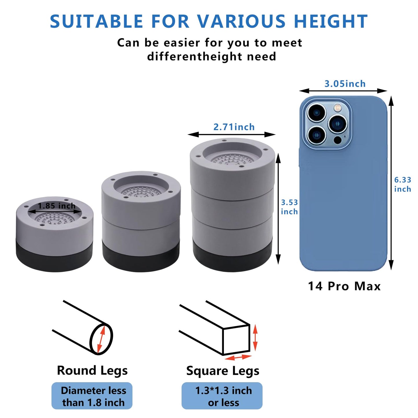 HANIHUA Furniture Risers 2 inch (Set of 4) Round Bed Risers Heavy Duty 1 inch 3inch, Adjustable Bed Lifts Riser for Desk, Table, Sofa, Chair Supports Up to 1,300 lbs