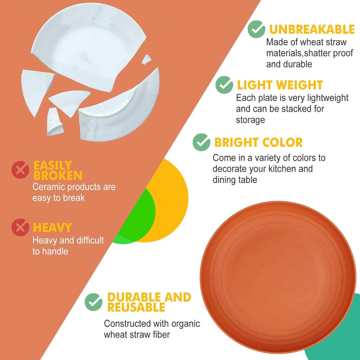 Homienly Deep Dinner Plates Set of 8 Alternative for Plastic Plates Microwave and Dishwasher Safe Wheat Straw Plates for Kitchen Unbreakable Kids Plate Set with 4 Colors (Classic Bright, 9 inch)