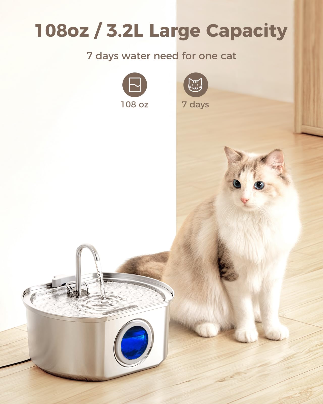 Cat Water Fountain Stainless Steel: 108oz/3.2L Cat Fountain for Drinking- Pet Water Fountain for Cats Inside - Automatic Cat Water Dispenser Bowl - Cat Feeding & Watering Supplies - Water Level Window