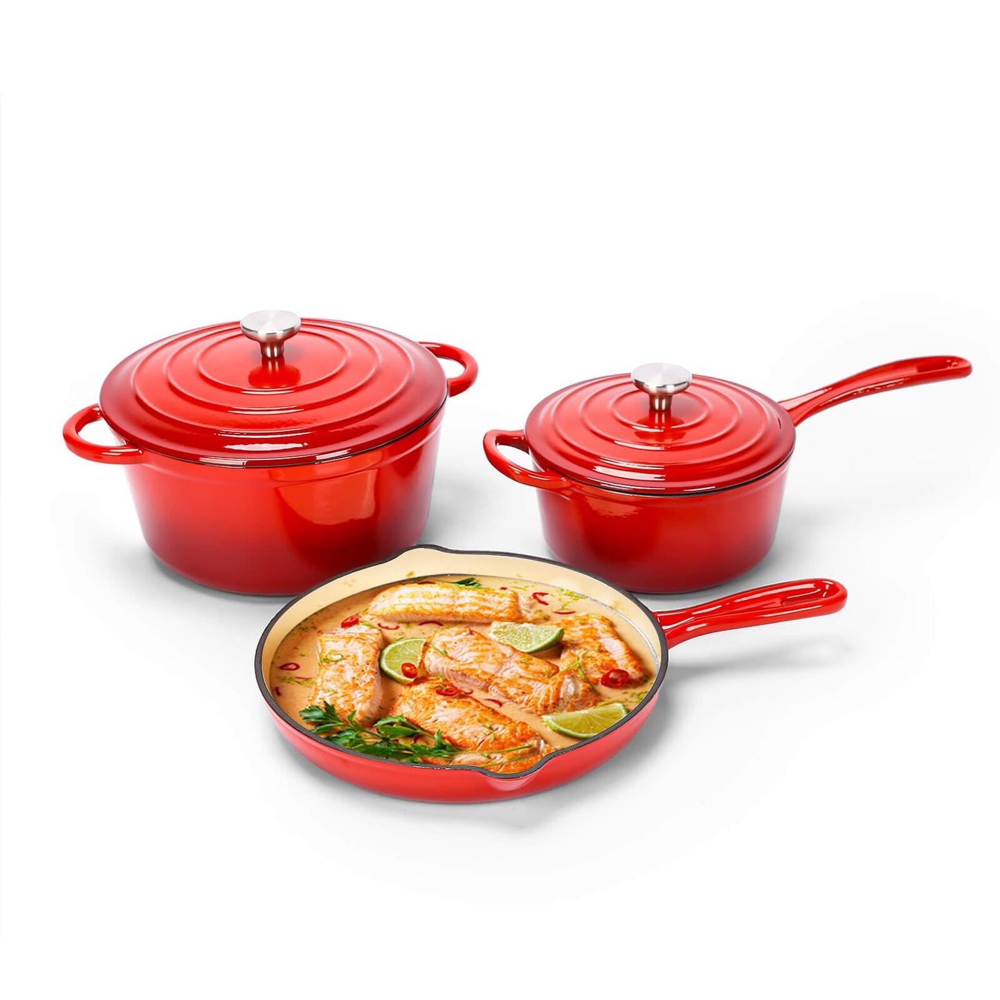 Hisencn Enameled Cast Iron Cookware Set - 5 Piece Set of Dutch Oven, Sauce Pan, Skillet, 2 Lids, Dutch Oven Set, Ceramic Coated Cast Iron, Heavy Duty, Gas/Induction Compatible, PFA Free, Rouge Red