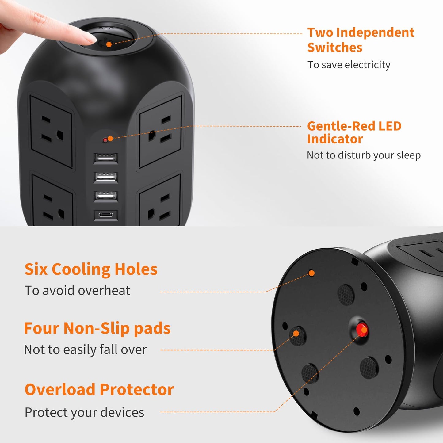 Surge Protector Power Strip Tower with 8 AC Outlets 4 USB Ports (1 USB C), 10 ft Flat Extension Cord with Multiple Outlets Charging Station for Dorm Home Office Essentials, Black