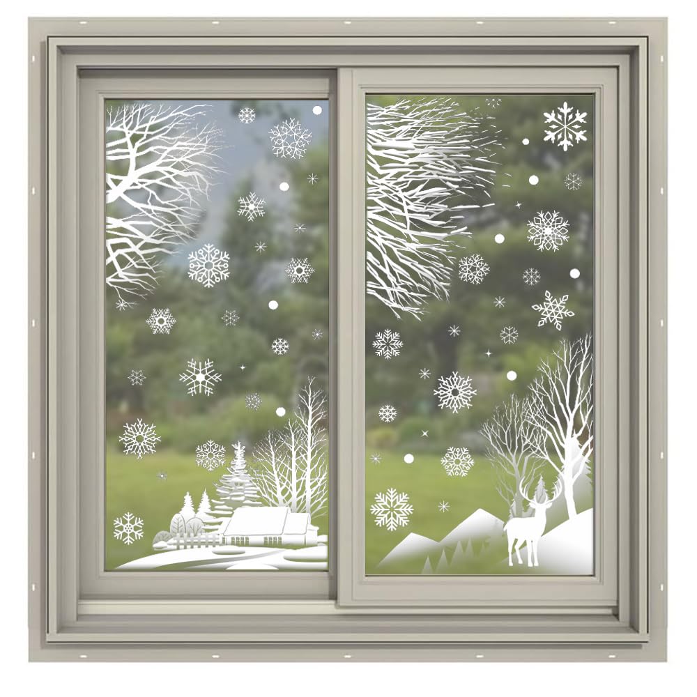 2 Sheets Christmas Window Clings - Xmas Tree Branch, Elk, Snowflake Stickers for Window Decorations, Home Office Party Decor